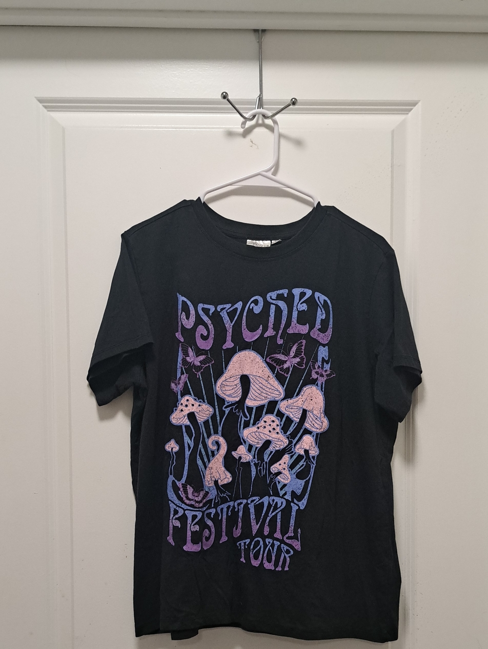 Mighty Fine Black Tee with Purple and Pink Psychedelic Mushroom Graphic